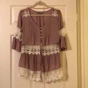 Mauve Top with White Lace Accents